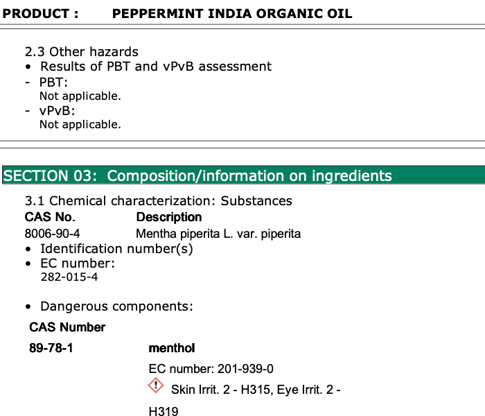 NEW LEAF 有機胡椒薄荷精油 MSDS材料安全數據證書